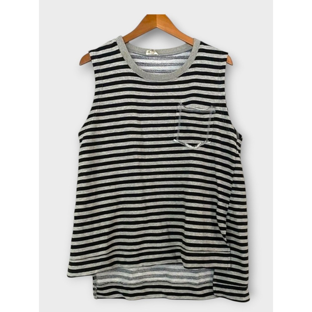 POL Striped Sleeveless Tank Top Small Black Gray Cotton Pocket Tunic Mnimalist